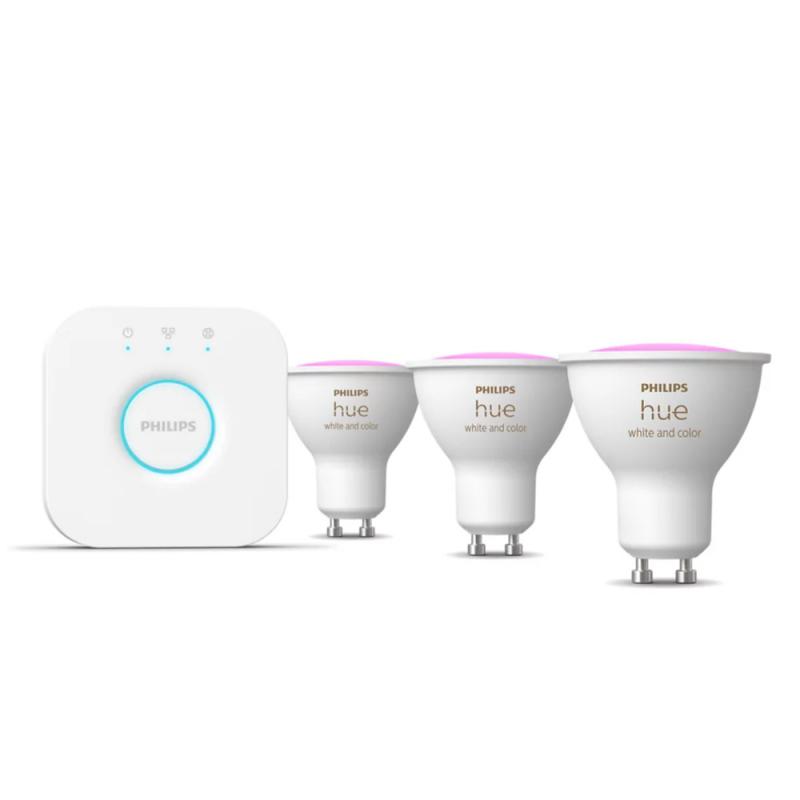 Philips Hue White & Color Ambiance Starter Set mit 3 x GU10 RGBW Lampen 4,2W wie 35W & Bridge