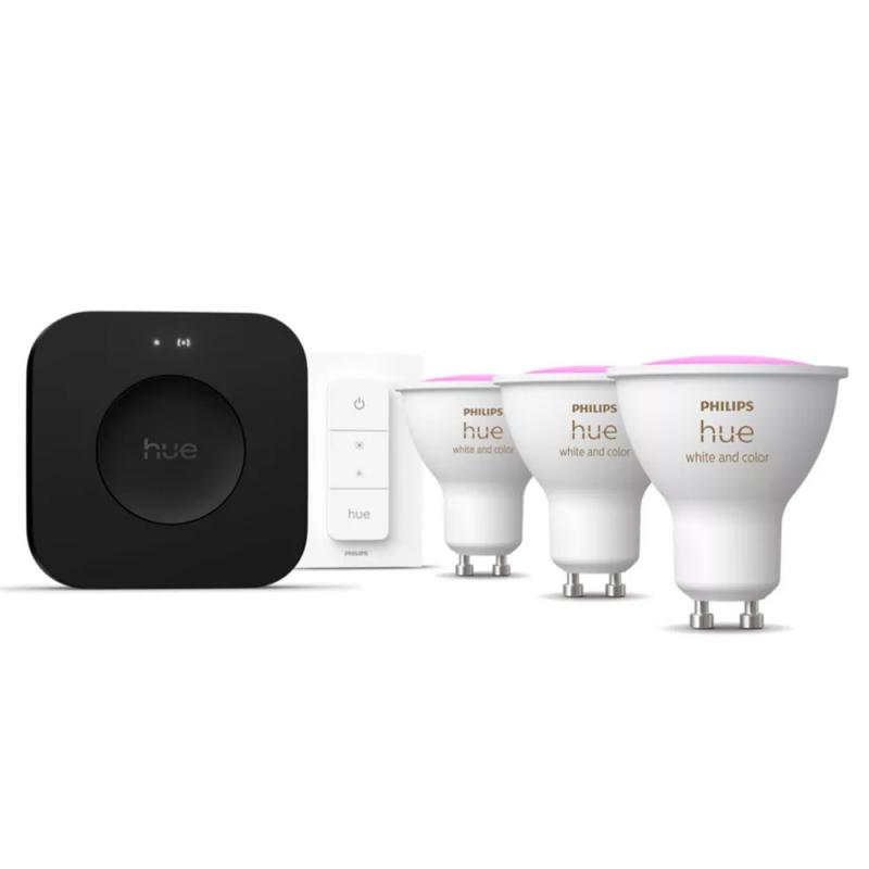 Philips Hue White & Color Ambiance Starter Set mit 3 x GU10 RGBW Lampen 4,2W wie 35W & Bridge Pro &  Dimmschalter