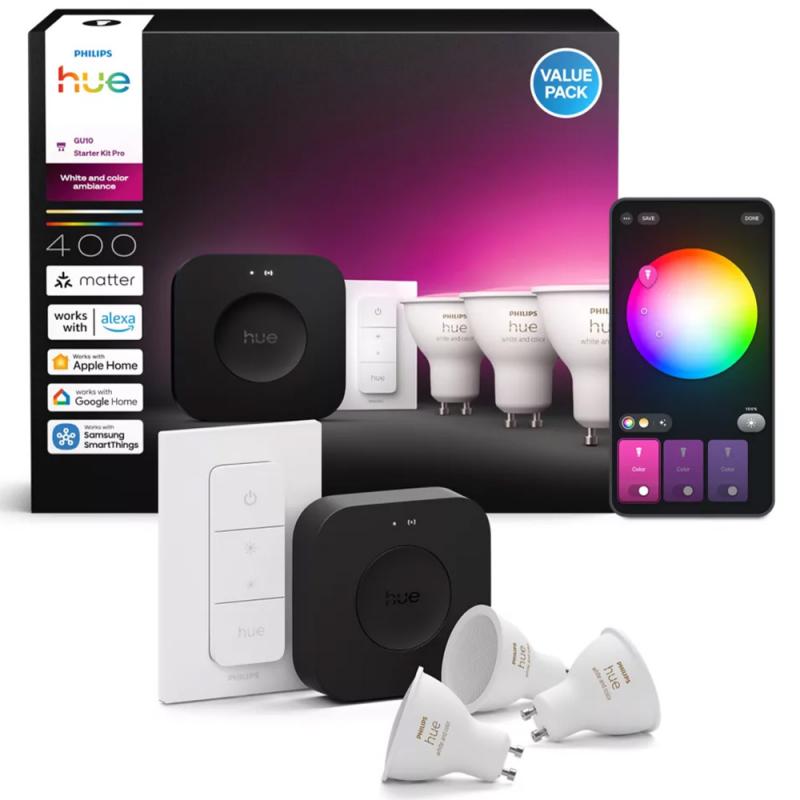 Philips Hue White & Color Ambiance Starter Set mit 3 x GU10 RGBW Lampen 4,2W wie 35W & Bridge Pro &  Dimmschalter