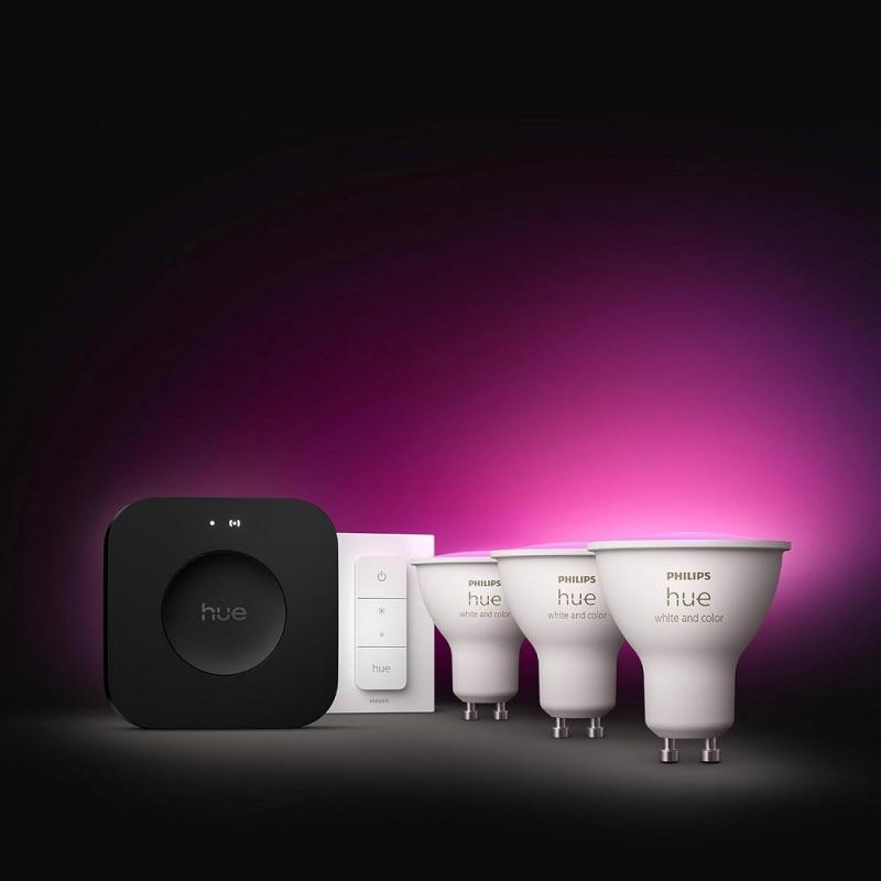 Philips Hue White & Color Ambiance Starter Set mit 3 x GU10 RGBW Lampen 4,2W wie 35W & Bridge Pro &  Dimmschalter