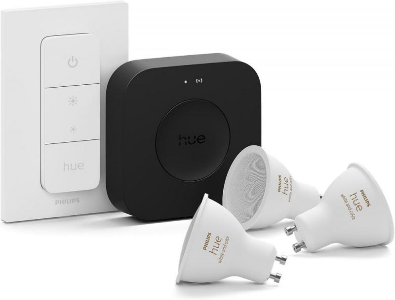 Philips Hue White & Color Ambiance Starter Set mit 3 x GU10 RGBW Lampen 4,2W wie 35W & Bridge Pro &  Dimmschalter