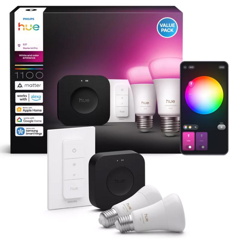 Philips Hue White & Color Ambiance Starter Set mit 2 x E27 RGBW Lampen 8,1W wie 75W & Bridge Pro & Dimmschalter