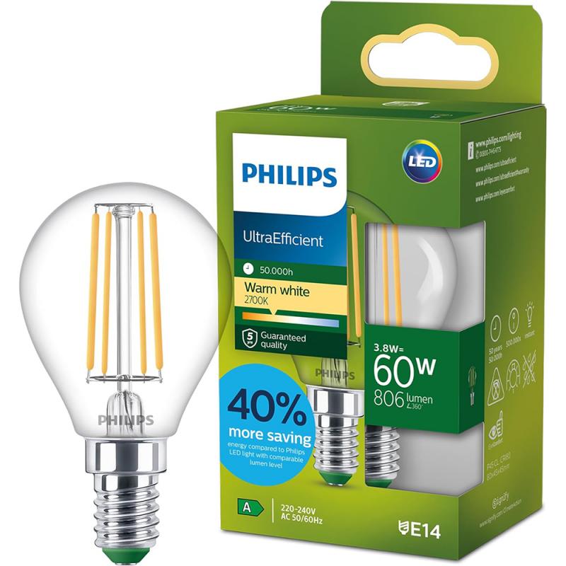 Philips E14 LED Filament-Lampe Tropfenform 3,8W wie 60W warmweisses Licht Ultra Efficient
