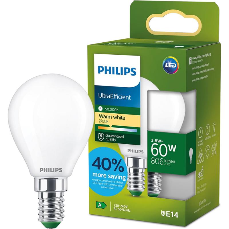 Philips E14 LED Lampe Tropfenform matt 3,8W wie 60W warmweisses Licht Ultra Efficient