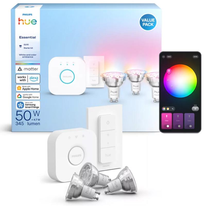 Philips Hue Basis Starter-Set 3 x GU10 White & Color Ambiance Essential Spot 4,7W wie 50W RGBW 36 Grad + Bridge + Dimmschalter