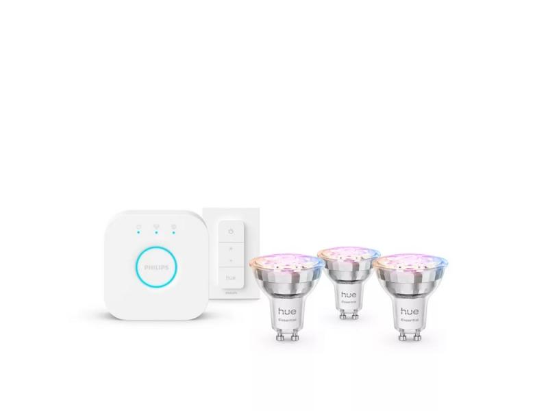Philips Hue Basis Starter-Set 3 x GU10 White & Color Ambiance Essential Spot 4,7W wie 50W RGBW 36 Grad + Bridge + Dimmschalter
