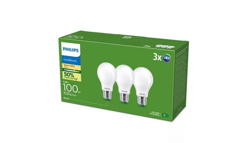 3er Set Philips LEDclassic UltraEfficient A60 E27 7,3W 1535lm 2700K Matt – extrem effiziente LED-Lampe wie 100 Watt