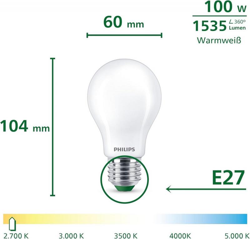 3er Set Philips LEDclassic UltraEfficient A60 E27 7,3W 1535lm 2700K Matt – extrem effiziente LED-Lampe wie 100 Watt