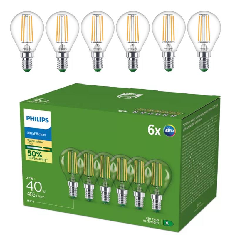 6er Set Philips LEDclassic UltraEfficient P45 E14 2,3W 485lm 2700K Klar – extrem effiziente Filament-Tropfenlampe wie 40 Watt