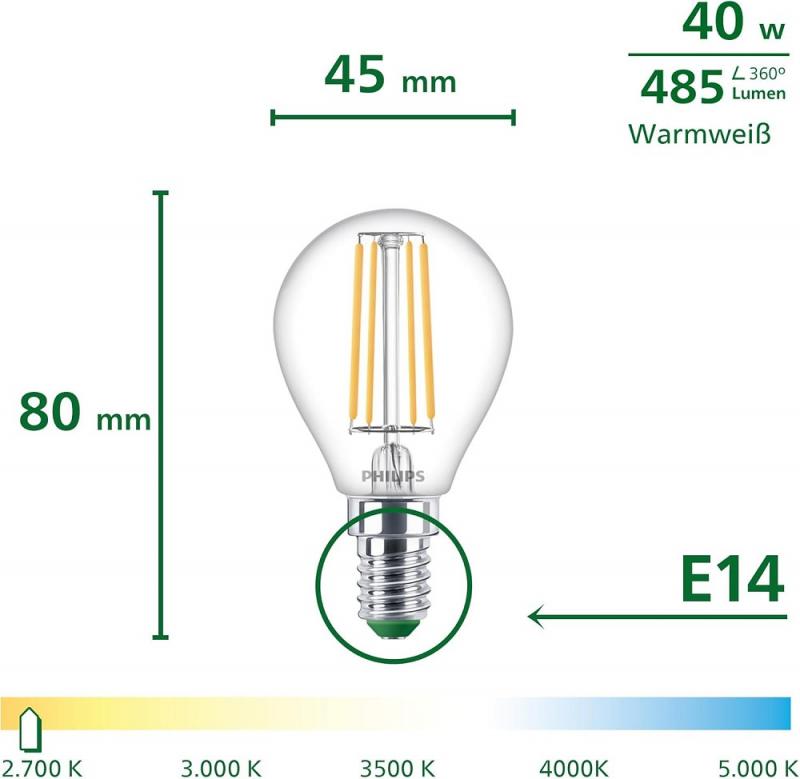 6er Set Philips LEDclassic UltraEfficient P45 E14 2,3W 485lm 2700K Klar – extrem effiziente Filament-Tropfenlampe wie 40 Watt