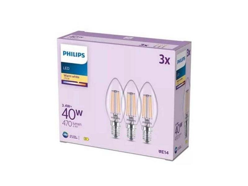 3er Set Philips LED Kerzenlampe B35 E14 4W 470lm 2700K Klar – wie 40 Watt