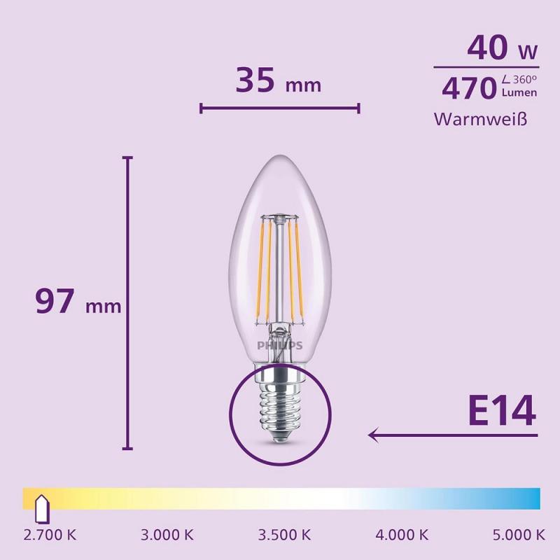 3er Set Philips LED Kerzenlampe B35 E14 4W 470lm 2700K Klar – wie 40 Watt