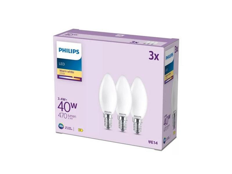 3er Set Philips LED Kerzenlampe B35 E14 4W 470lm 2700K Frosted – wie 40 Watt