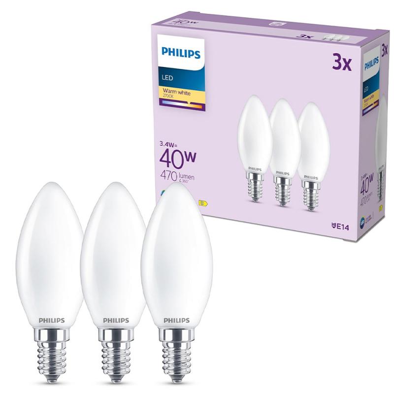 3er Set Philips LED Kerzenlampe B35 E14 4W 470lm 2700K Frosted – wie 40 Watt