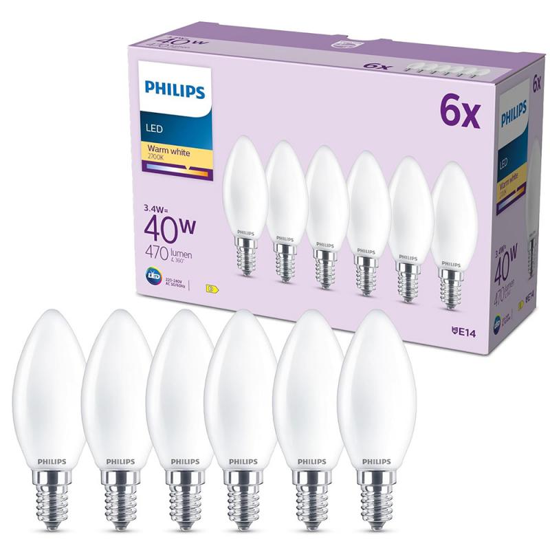 6er Set Philips LED Kerzenlampe B35 E14 4W 470lm 2700K Frosted – wie 40 Watt