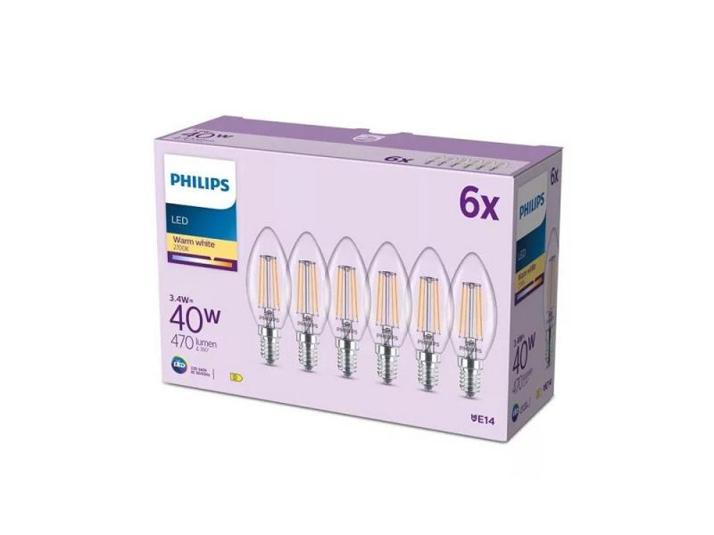 6er Set Philips LED Kerzenlampe B35 E14 4W 470lm 2700K Klar – wie 40 Watt