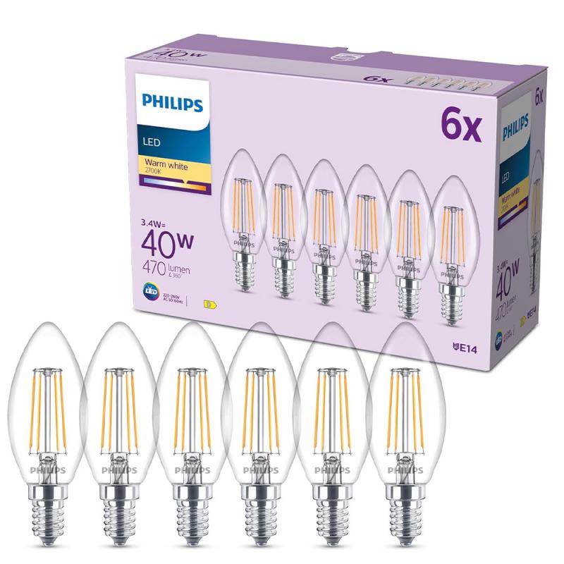 6er Set Philips LED Kerzenlampe B35 E14 4W 470lm 2700K Klar – wie 40 Watt