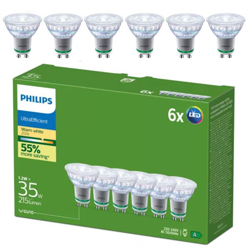 6er Set  Philips UltraEfficient LED GU10 Spot 6er-Pack 2,3W wie 35W 36° 2700K Warmweiß – energieeffiziente Spotbeleuchtung