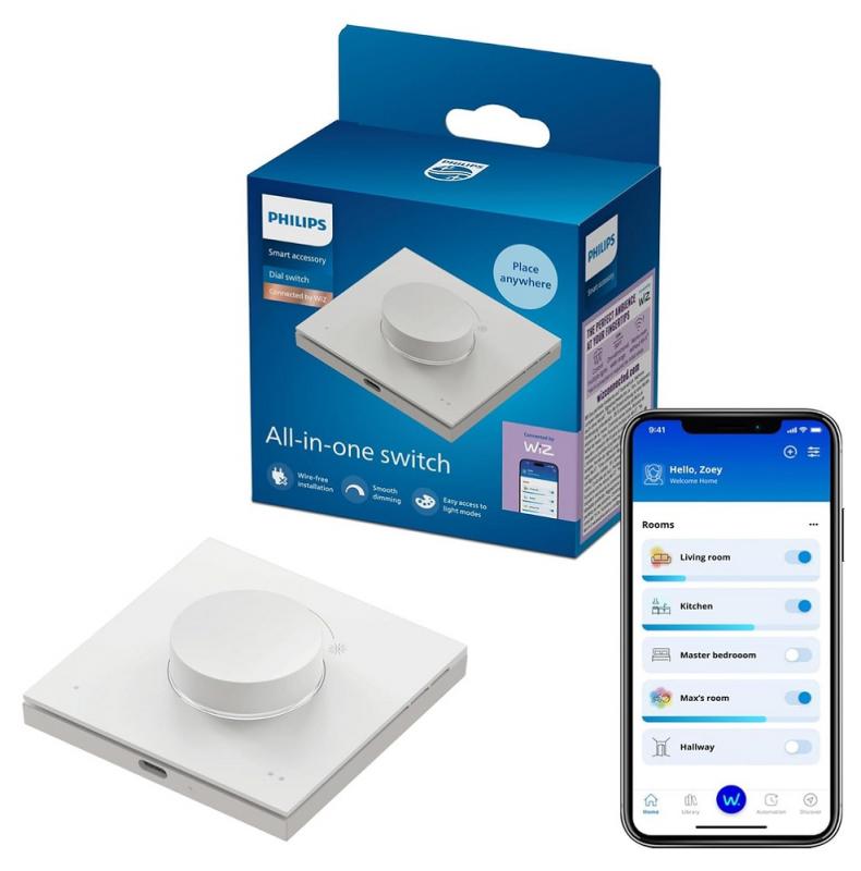 Philips WiZ Smart Dial Switch – Kabelloser Drehschalter mit Dimmfunktion, USB-aufladbar, Weiß