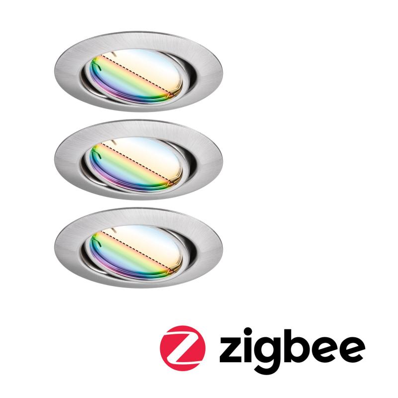 92467 dimmbar 3x4,9W rund LED Smart Einbauleuchte Coin Home schwenkbar RGBW+ Zigbee Base gebürstet Basisset 20° 230V Eisen Paulmann 3x420lm 90mm