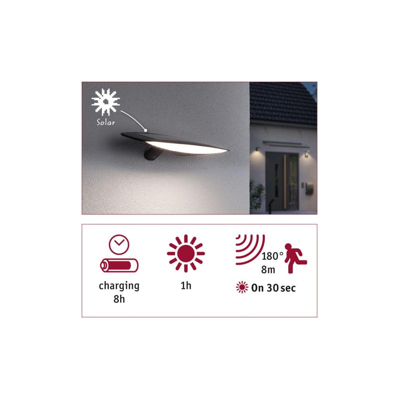 Flache Outdoor Solar Außenwandleuchte Kiran IP44 3000K 600lm Bewegungsmelder Anthrazit  Paulmann 94339