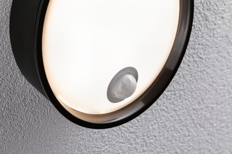 Paulmann 94698 LED Außenwandleuchte Platomo Bewegungsmelder seewasserresistent Spritzwasser geschützt rund 180mm warmweiß 14,5W Schwarz Kunststoff