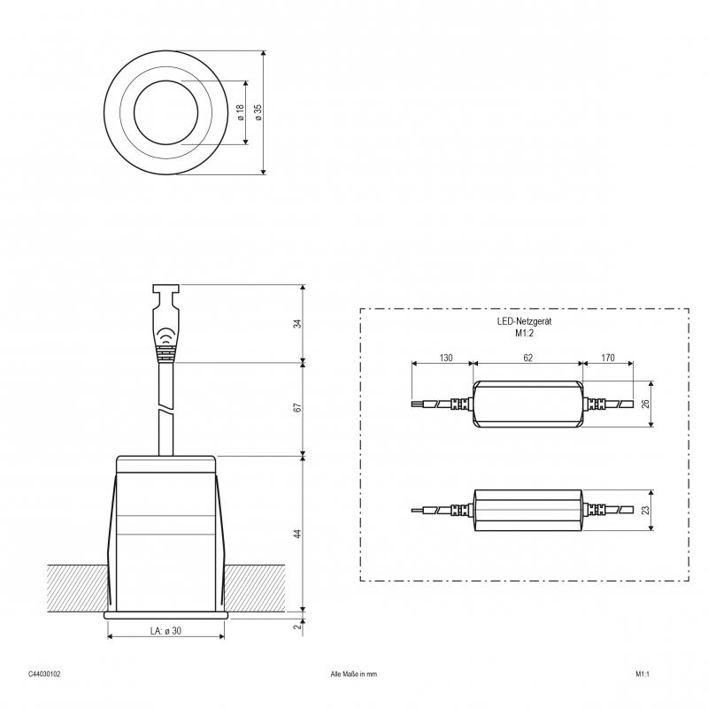 EVN LED Downlight mit Netzteil, dimmbar, IP44 C44030102