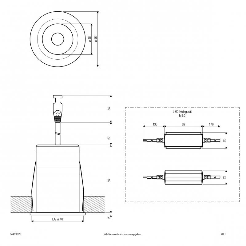 EVN LED Downlight mit Netzteil, dimmbar, IP44 C44050925