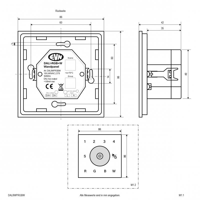 EVN DALI Wand-Control-Panel für RGBW, DT8, DALI2 DAL8WPRGBW