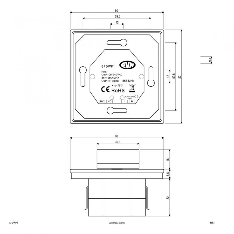 EVN Funk-Dimmer-Wandpanel, Druck-Dreh-Dimmer EFDWP1