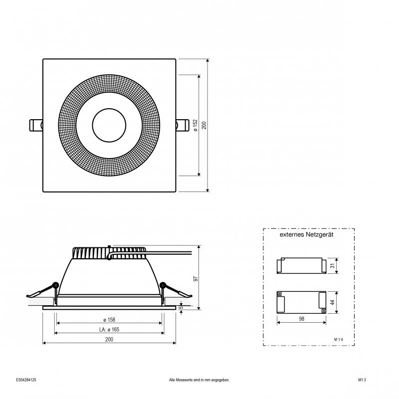 EVN ES54284125 LED Deckeneinbauleuchte quadratisch Notlicht 28W 3000K-5700K weiß IP54 Einbaudurchmesser 165 mm