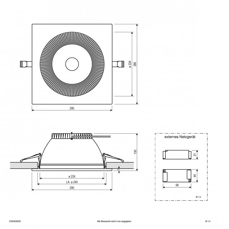 EVN ES54504925 LED Deckeneinbauleuchte 40W einstellbar 3000K/4000K/5700K weiß IP54 Notlicht Einbaudurchmesser 240 mm