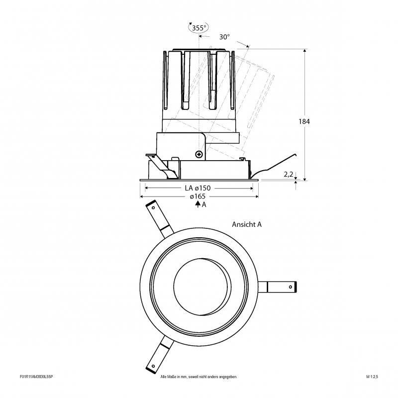 EVN F01R11AM3830L55P COB-LED Deckeneinbauleuchte dimmbar 38W 3000K 4433lm CRI92 weiß rund 55° schwenkbar Einbaudurchmesser 150 mm
