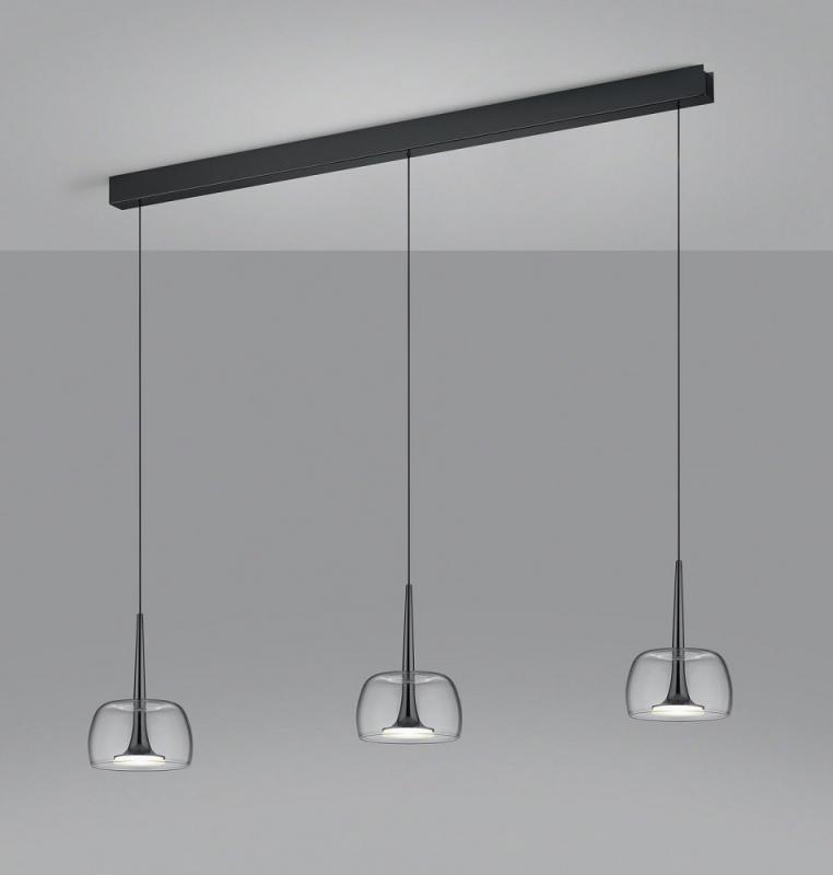 3-flammige Helestra FLUTE LED Pendelleuchte in schwarzchrom mit blendfreier Satinierung aus Acrylglas