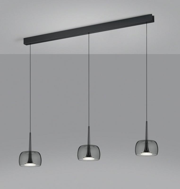 3-flammige Helestra FLUTE LED Pendelleuchte in schwarzchrom mit blendfreier Satinierung aus Acrylglas