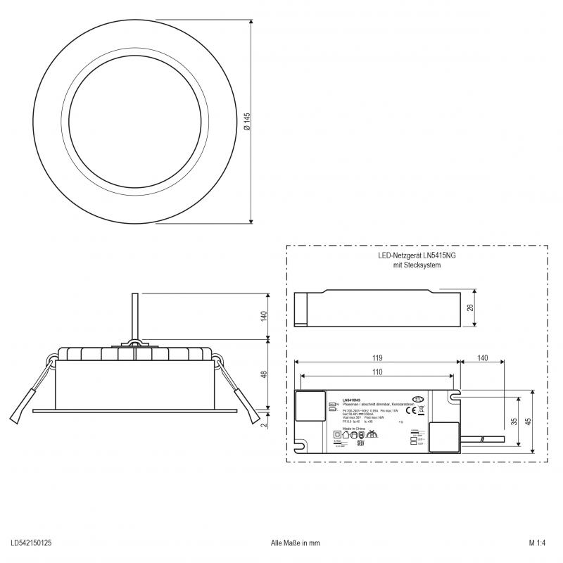 EVN LD54150125 LED Deckeneinbauleuchte | 15 W | 1380–1580 lm | 3000–5700 K | Ø 145 mm | DALI/DALI-2 dimmbar | Einbaudurchmesser 120 mm