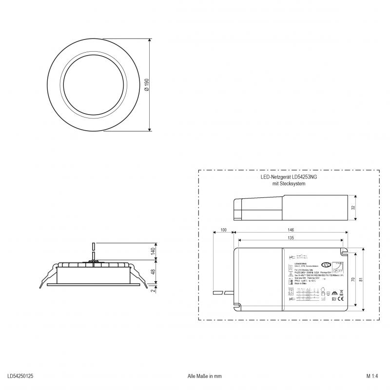 EVN LD54250125 LED Deckeneinbauleuchte | 25 W | 2500–2600 lm | 3000–5700 K | Ø 190 mm | DALI/DALI-2 dimmbar | Einbaudurchmesser 160 mm