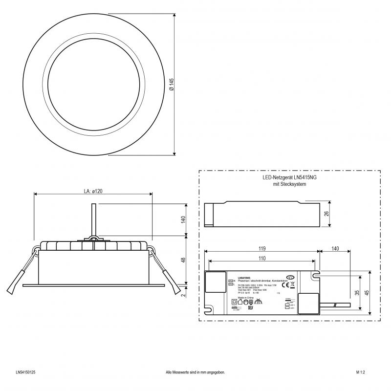 EVN LED Deckeneinbauleuchte LN54150125 | 15 W | 1380–1580 lm | 3000–5700 K | IP54 | dimmbar | Ø 145 mm | Einbaudurchmesser 120 mm