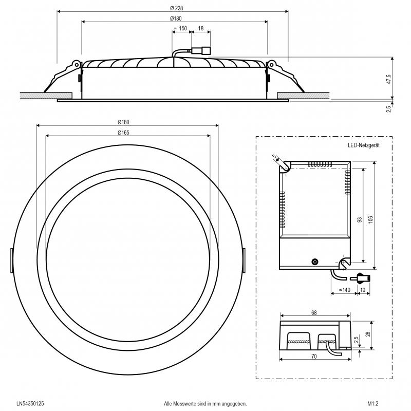 EVN LED Deckeneinbauleuchte LN54350125 | 35 W | 3500–3800 lm | 3000–5700 K | Ø 228 mm | 3-fach CCT einstellbar | Phasenabschnitt/Phasenanschnitt dimmbar | Einbaudurchmesser 200 mm