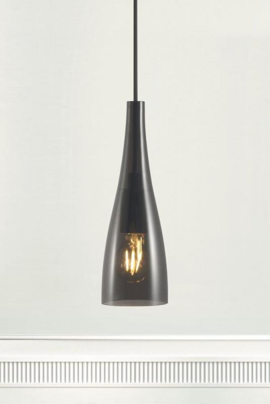 Pure Eleganz - Hängeleuchte EMBLA Rauchglas schlank mit schwarzem Stoffkabel