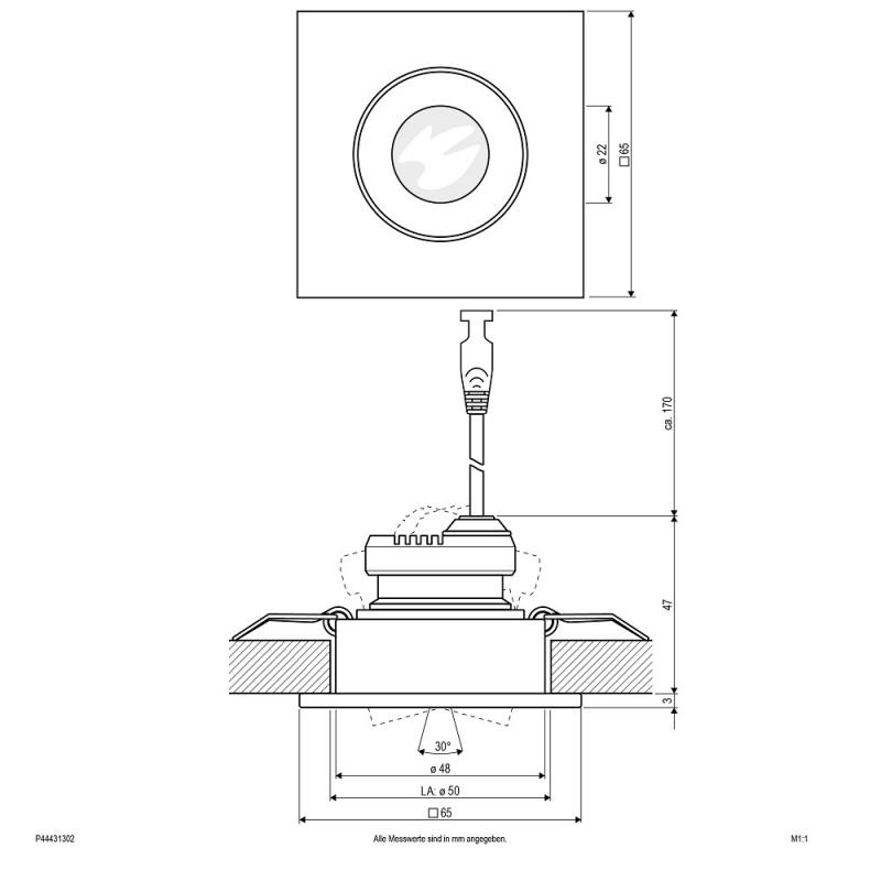 EVN P-LED Decken-Einbaustrahler mit warmweißem Licht feuchtraumgeeignet quad. schwenkbar EDS IP44 3W 3000K EinbauØ50