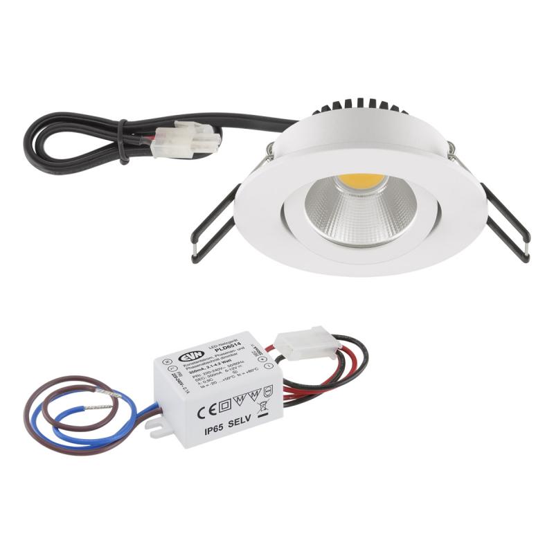 EVN LED Decken-Einbaustrahler mit warmweißem Licht dimmbar  rund schwenkbar weiß IP20 3W 3000K 300lm 90Ra EinbauØ68