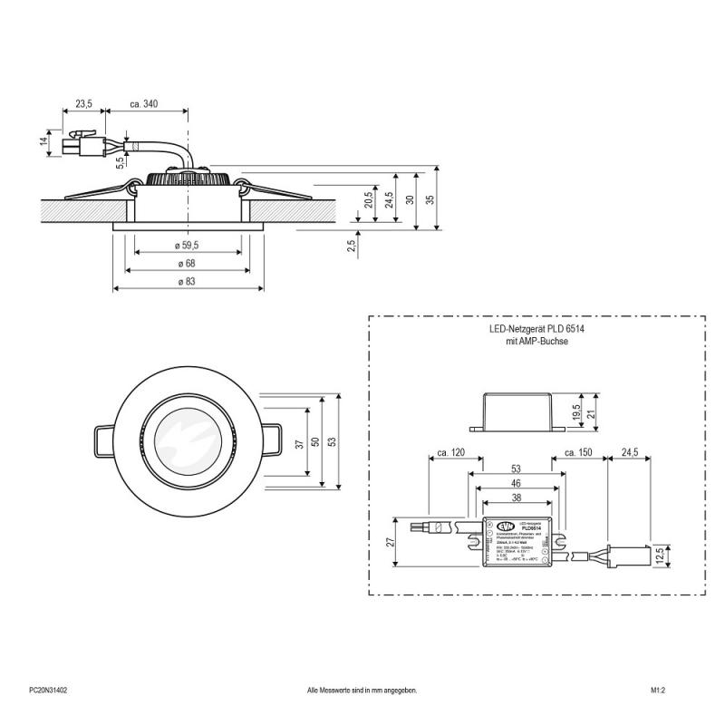 EVN P-LED Decken-Einbaustrahler mit warmweißem Licht & hoher Farbwiedergabe dimmbar  rund schwenkbar alu pol. (STL) IP20 3W 3000K 300lm 90Ra EinbauØ68