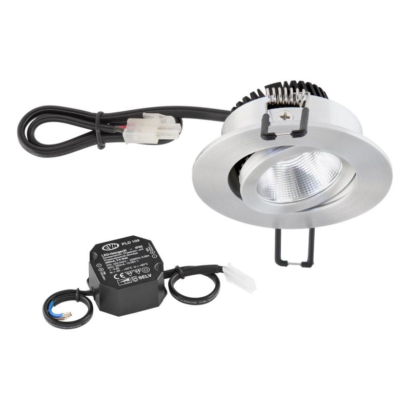 EVN P-LED Decken-Einbaustrahler mit universalweißem Licht Licht & hoher Farbwiedergabe dimmbar rund schwenkbar alu pol. (STL) IP20 8.4W 4000K 1060lm 90Ra EinbauØ68