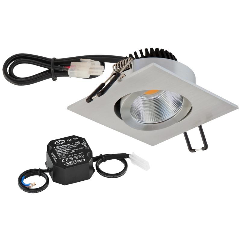 EVN P-LED Decken-Einbaustrahler mit warmweißem Licht dimmbar quad. schwenkbar alu pol. (STL) IP20 8.4W 3000K 90Ra EinbauØ68