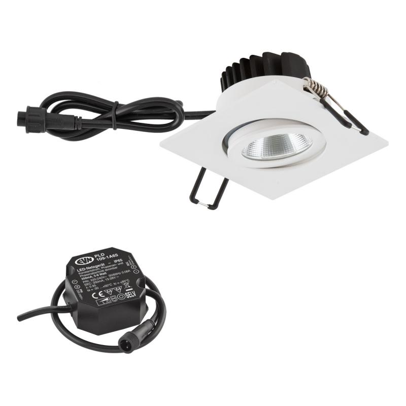 EVN P-LED Decken-Einbauleuchte mit warmweißem Licht dimmbar feuchtraumgeeignet quad. schwenkbar weiß IP65 6W 3000K 90Ra EinbauØ68