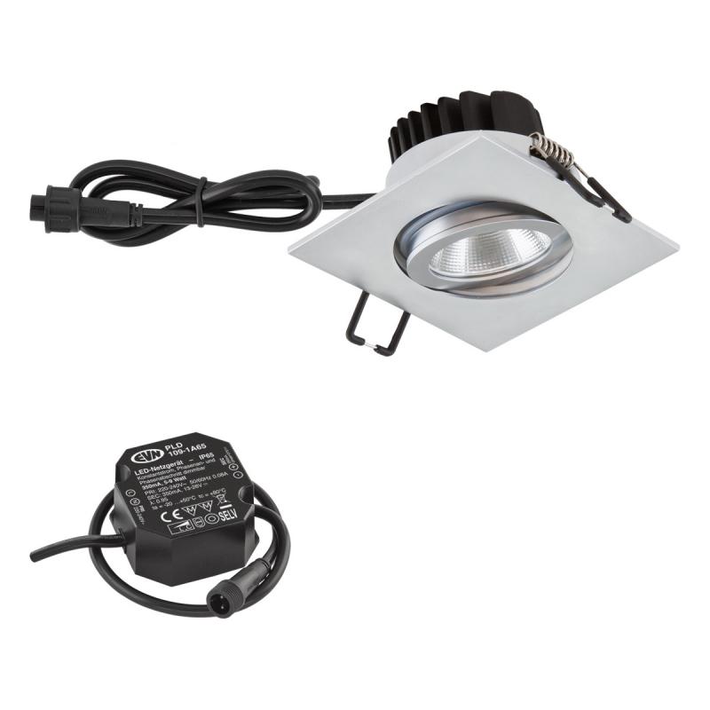 EVN P-LED Decken-Einbaustrahler mit warmweißem Licht dimmbar quad. schwenkbar chrom matt IP65 6W 3000K 90Ra EinbauØ68 feuchtraumgeeignet
