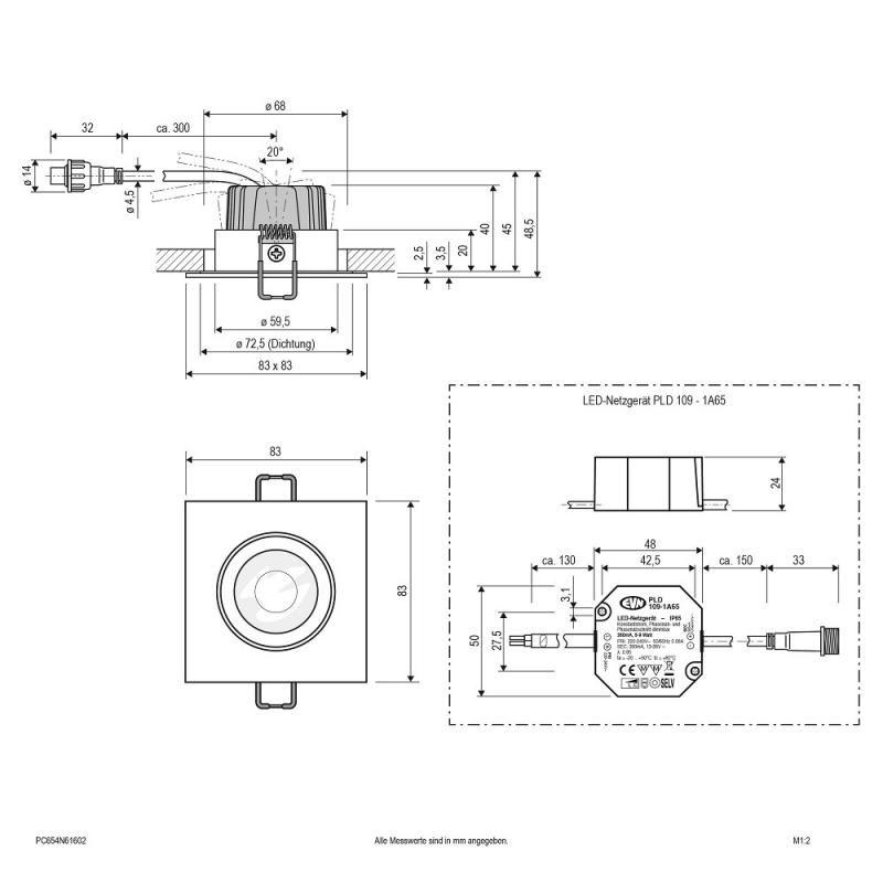 EVN P-Decken-Einbaustrahler mit warmweißem Licht Deckeneinbau dimmbar quad. schwenkbar anthrazit IP65 6W 3000K 90Ra EinbauØ68
