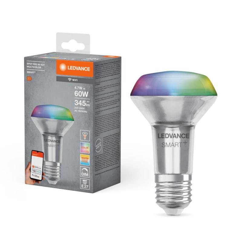 LEDVANCE SMART+ E27 R63 LED Reflektor Lampe WiFi dimmbar 4,7W wie 60W Tunbable White & RGBW Farbwechsel, EEK: F (Spektrum: A bis G)