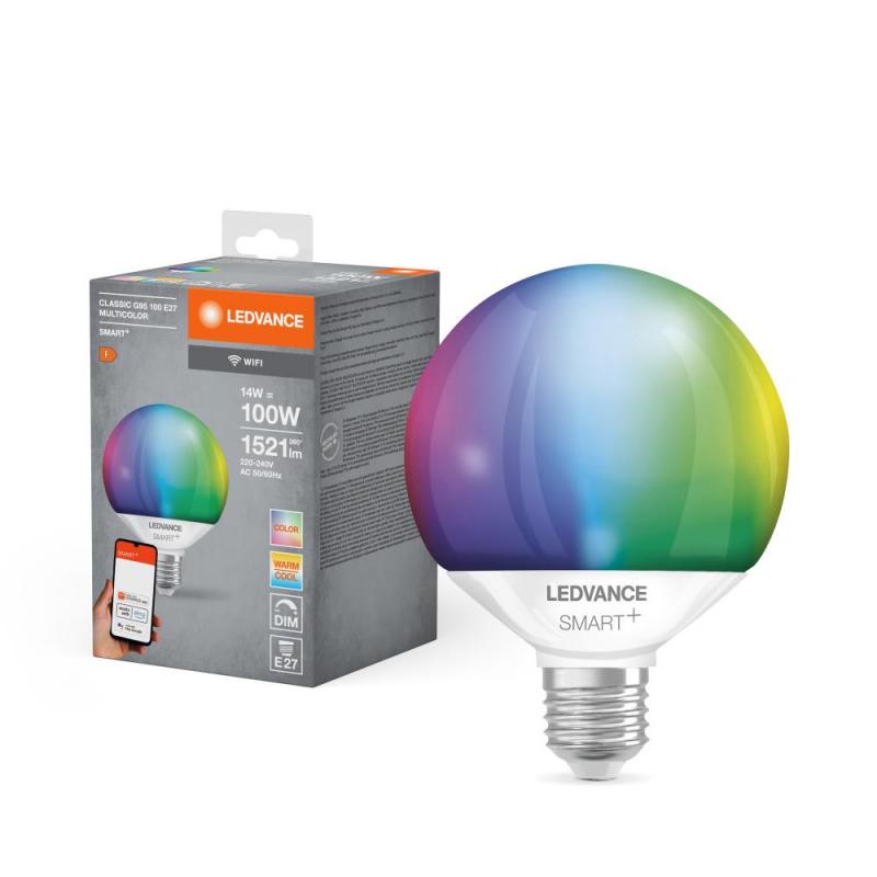 Leistungsstarke WiFi LEDVANCE SMART+ E27 Globe LED-Lampe G95 dimmbar 14W wie 100W Tunable White & RGBW Farbwechsel, EEK: F (Spektrum: A bis G)